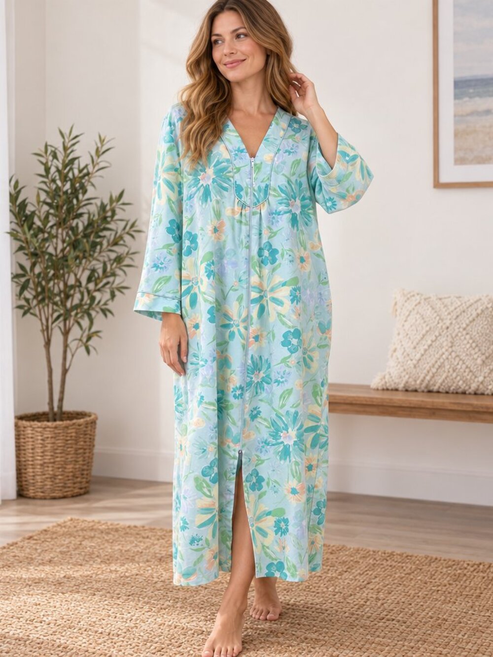 Miss Elaine House Dress Robe Womens 3X Floral Zip Front 100% Cotton